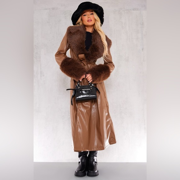 Taupe Premium Faux Fur Trim Faux Leather Belted Trench Coat S - Picture 1 of 4